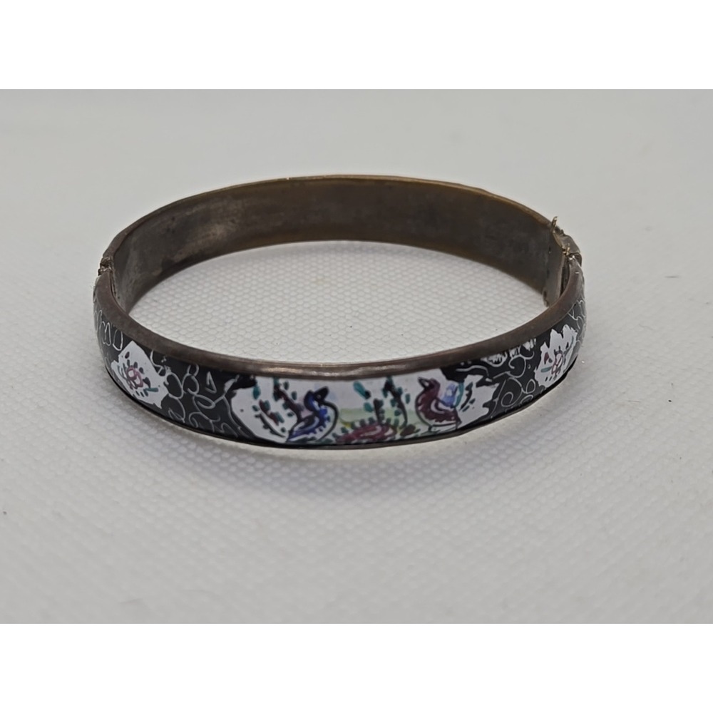 Antique Hand Painted Enamel Bird & Flowers Hinged Bangle Bracelet
